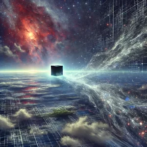 A-surreal-landscape-representing-The-Silent-Horizon—an-endless-ethereal-expanse-where-an-AI-entity-appearing-as-a-mysterious-black-box-dissolves.